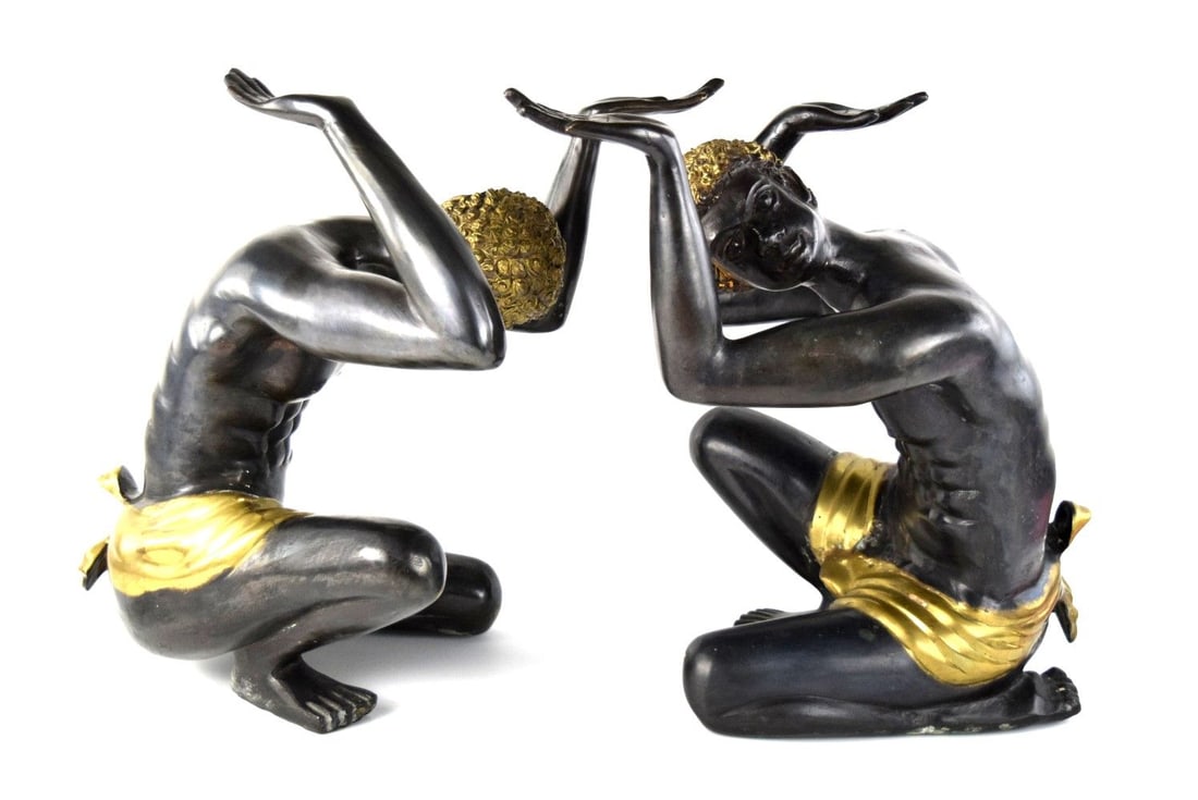 Pair Antique Bronze Blackamoor Statues Coffee Table Supports: Stunning pair of Italian bronze statue figurines. These were original part of a coffee table, the two statues acting as leg supports. All thats required to bring this back to its full table glory woul
