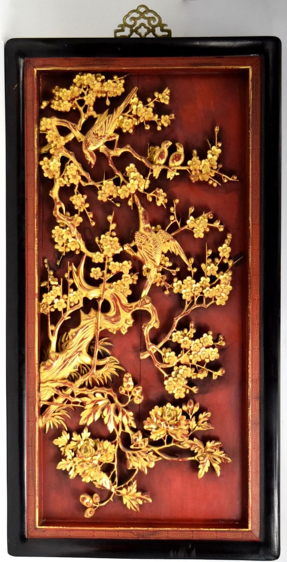 Large Antique Chinese Carved Wood Panel: Very Large and fine antique Chinese carved gold leaf wood panel. Great details, superb quality. Super decor with birds and flowers. Original patina. Size: 38" x 20". For additional images please visit