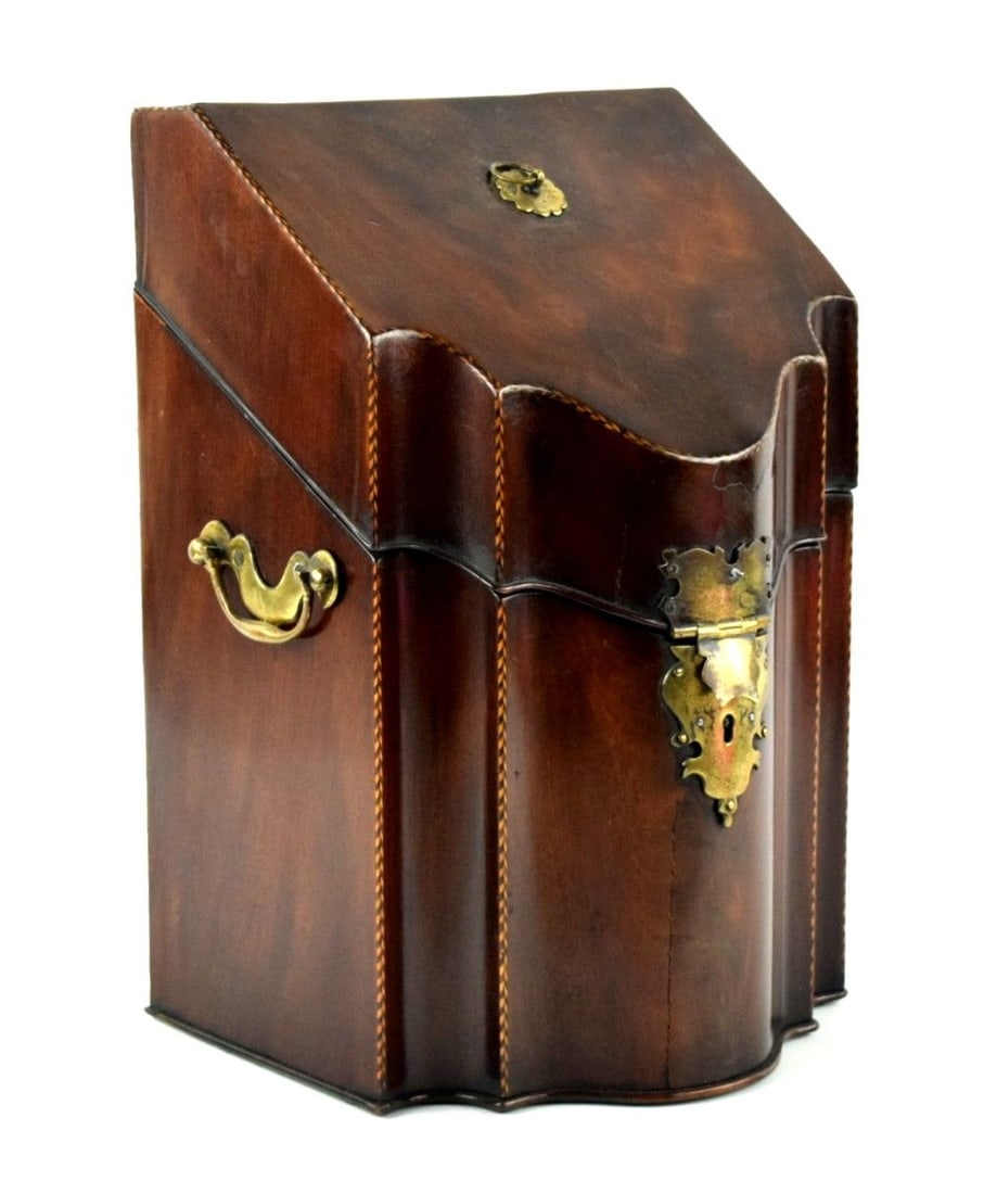 Antique Mahogany Knife Box George III: Outstanding flame mahogany knife box retaining original fittings, with fine brass lock plate and carrying handles. Circa late 18th Century. Georgian period. Size: 13 1/2" x 8 1/4" x 9". For additional