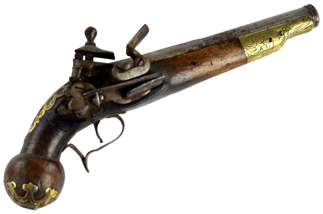 ANTIQUE LATE 18TH, EARLY 19TH C. SPANISH MIQUELET FLINTLOCK PISTOL: Antique Spanish miquelet-lock pistol, likely late 18th to early 19th century. Featuring a characteristic external patilla-type flintlock mechanism with exposed mainspring, cock and steel, mounted to a