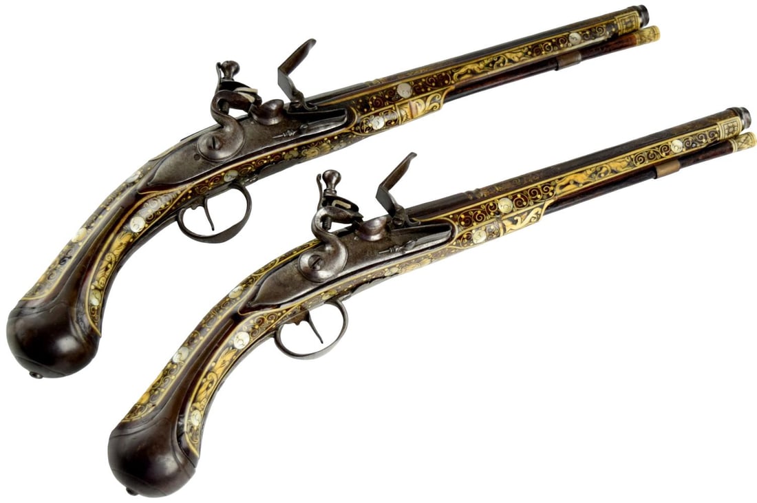 A Splendid Pair of High Art, Profusely Decorated Silesian (Polish) Flintlock Holster Pistols Circa (1 of 20)