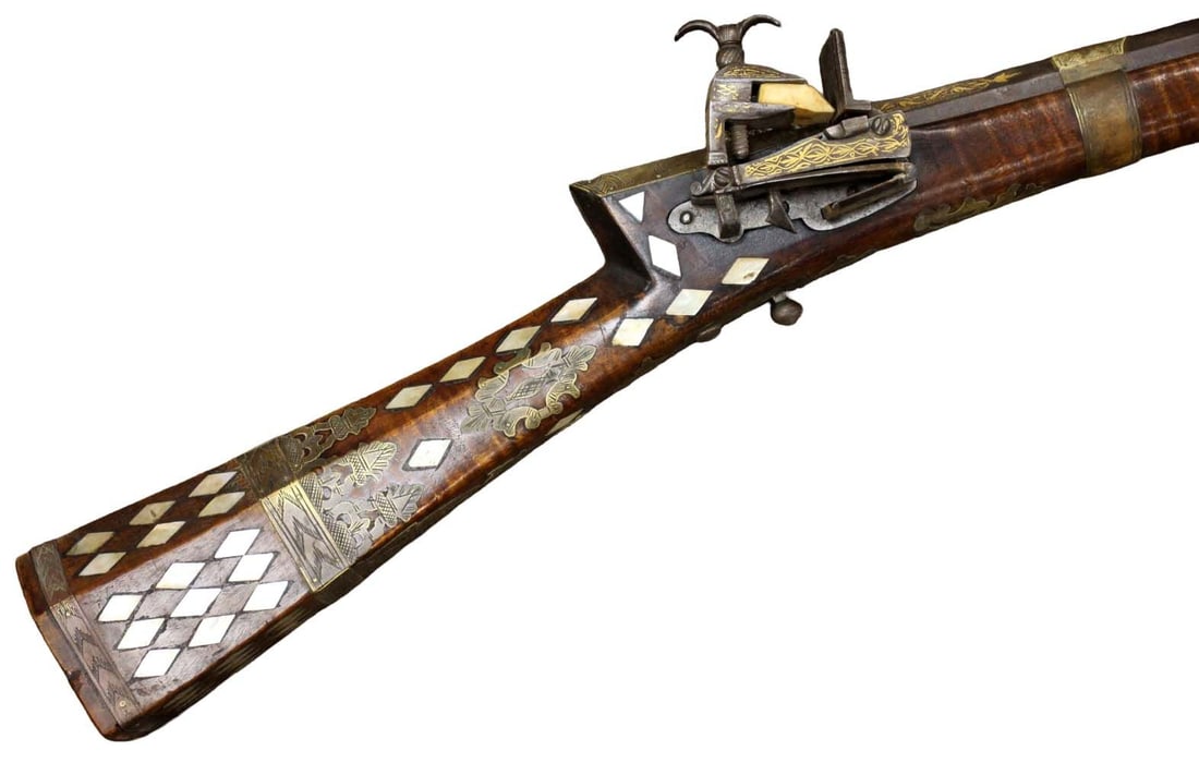 Very Fine Gold Damascened & Mother of Pearl Inlaid Islamic Ottoman Turkish TOUFEK Rifle Musket with: Very Fine Gold Damascened & Mother of Pearl Inlaid Islamic Ottoman Turkish TOUFEK Rifle Musket with Engraved Brass Mounts. A Gorgeous Example Overall. Total length: 42 1/4", Barrel length: 30". For ad