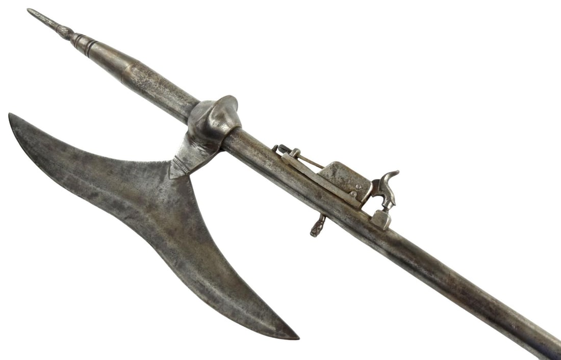 RARE ANTIQUE CONTINENTAL HALBERD POLEARM SPEAR / AXE / GUN COMBINATION WITH IRON POLE (1 of 20)
