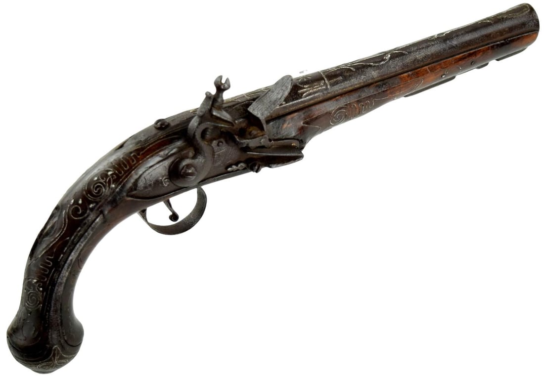 ANTIQUE EARLY 19TH C. BALKAN / OTTOMAN FLINTLOCK HOLSTER PISTOL: Antique Balkan / Ottoman flintlock holster pistol, early 19th century. A very attractive example of the distinctive firearms produced throughout the Balkan territories of the Ottoman Empire during the