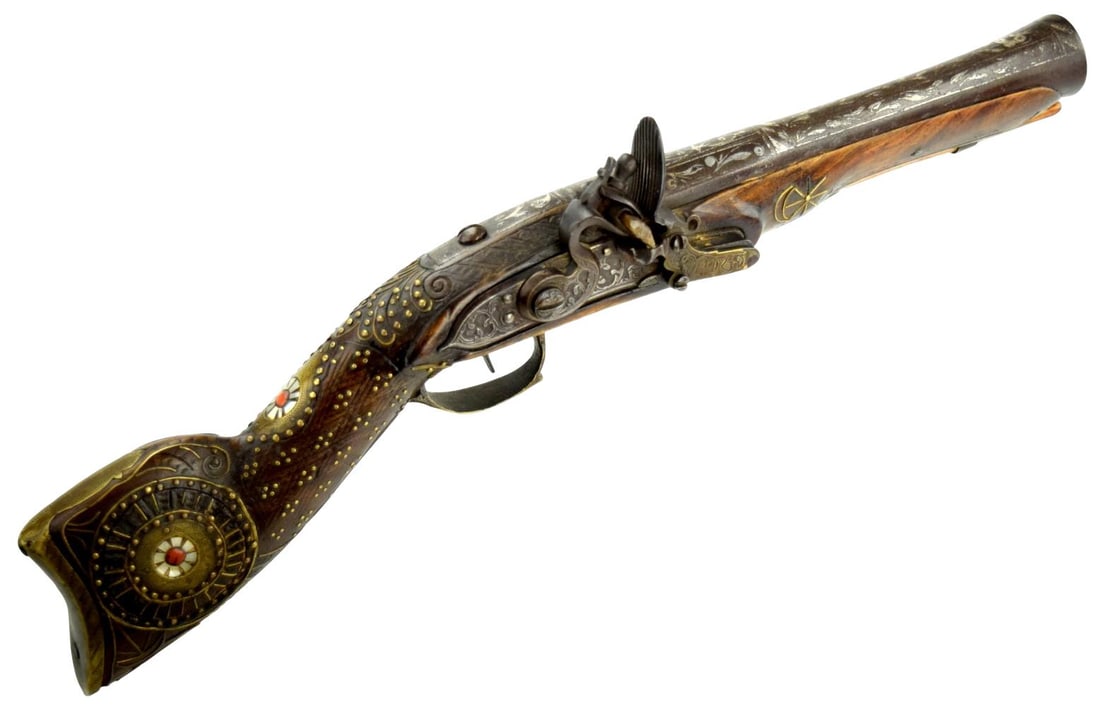 Massive 18th-19th C. Ottoman Turkish Flintlock BLUNDERBUSS Knee Gun with Silver Decorated Barrel: Massive 18th-19th C. Ottoman Turkish Flintlock BLUNDERBUSS Knee Gun with Silver Decorated Barrel. Fine Carved Dark Wood Stock with Chiseled Brass Mounts. A Very Impressive and Attractive Example Overa