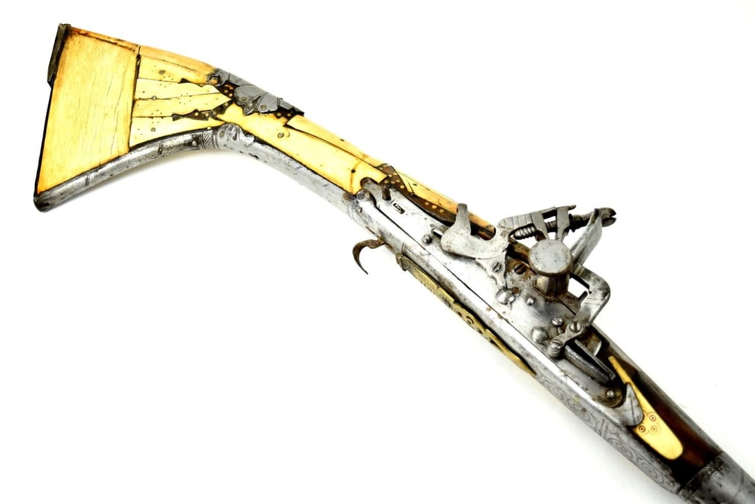 Very Good Antique Islamic Arabic Arab Long Rifle in Camel Bone & Chiseled Steel Mounts, Maker Marked (1 of 20)