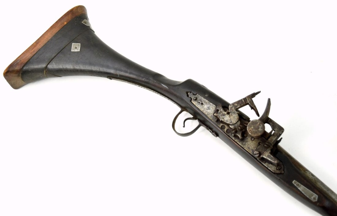 Antique 19th C. Islamic Arabic Arab Algerian Long Rifle with Bone Inlaid Moon Symbol, Snaphaunce: Antique 19th C. Islamic Arabic Arab Algerian Long Rifle with Bone Inlaid Moon Symbol, Snaphaunce Lock. Total length: 71 3/4", Barrel length: 57". For additional images please visit sofedesign