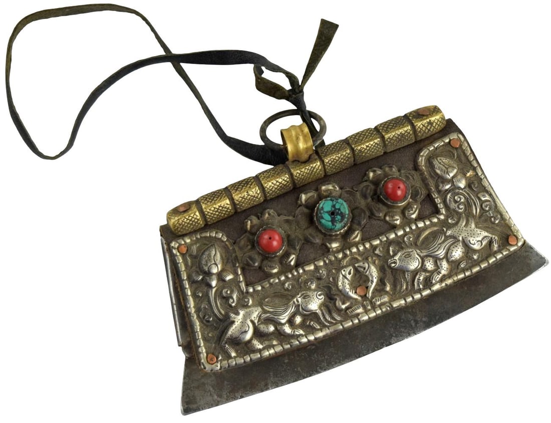 ANTIQUE 19TH C. TIBETAN SILVER, TURQUOISE & CORAL MECHAG FIRE STARTER POUCH: Antique Tibetan fire-starting pouch or tinder pouch, known as a mechag, mechak or chuckmuck, 19th century. Of traditional rectangular leather construction, extensively mounted with chased and repouss�