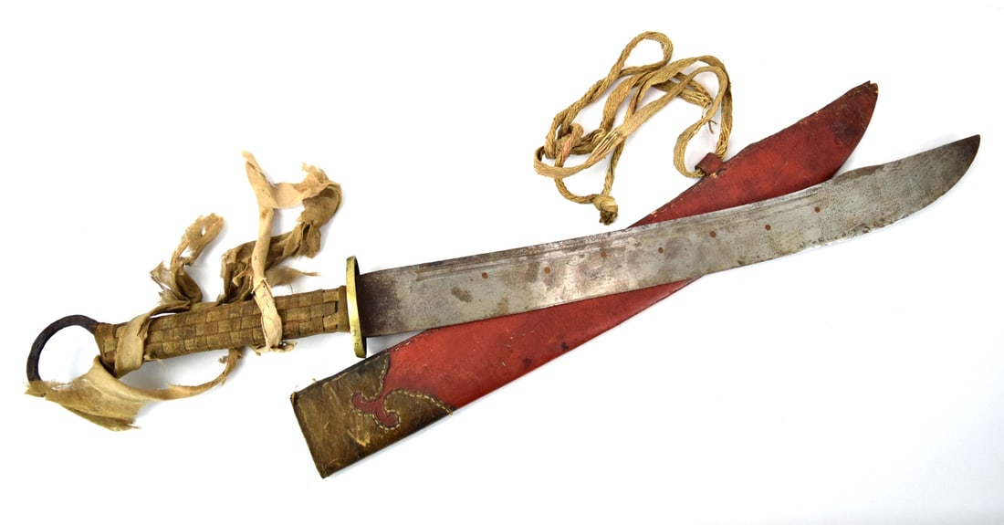 LARGE CHINESE QING DYNASTY 19TH C DAO SWORD: Large Chinese Qing Dynasty 19th Century DAO Sword with broad single-edged blade cut with a long slender double fuller along the back edge on each face, Blade with brass disc-guard, cord-bound grip and