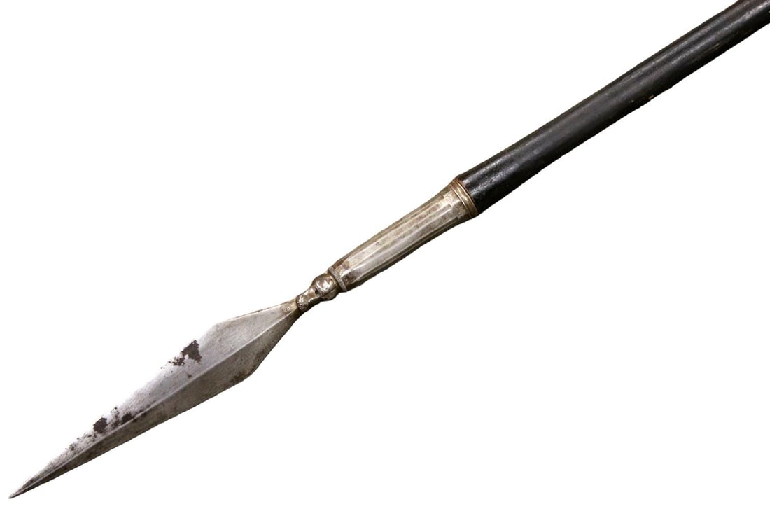 RARE 17TH - 18TH C. FIGURAL HUNTING SPEAR POLEARM, "P.F." MARKED: Probably Continental European, 17th - 18th century. An unusual and highly decorative antique hunting spear or polearm featuring a long, double-edged leaf-shaped steel blade with a pronounced medial ri