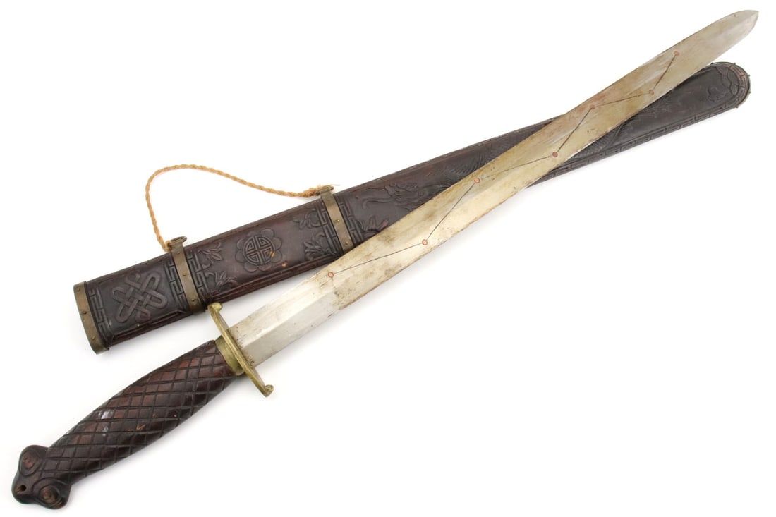 Chinese Boxer Rebellion era JIAN Fighting Sword in Carved Wood & Brass Mounts.: Chinese Boxer Rebellion era JIAN Fighting Sword in Carved Wood & Brass Mounts. Total length (inside scabbard if present) : 37 1/2" , Blade length : 28 7/8". For additional images please visit