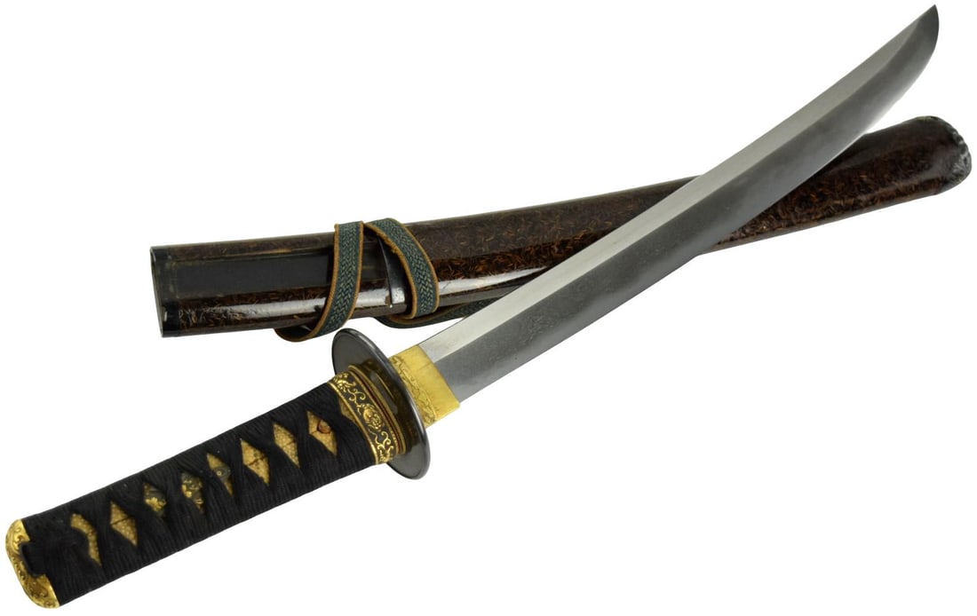 Koto naginata naoshi O-Tanto, ca. 1500's, with shobu-zukuri construction.: Koto naginata naoshi O-Tanto, ca. 1500's, with shobu-zukuri construction. The 13 inch blade shows a combination of itame and straighter masame hada. The hamon is a Soshu style notare with activities. 