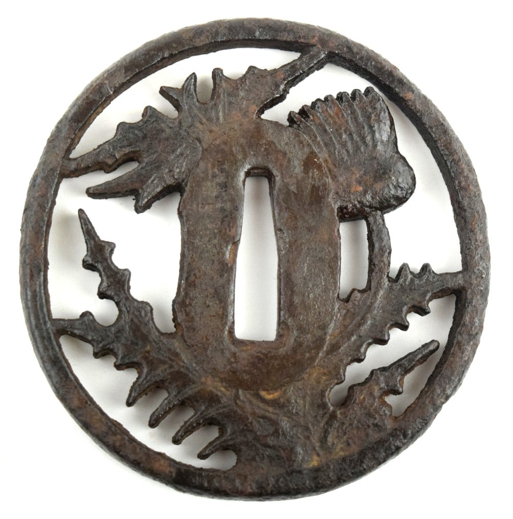 Antique Japanese TSUBA, a Samurai Sword / Dagger Guard.: Antique Japanese TSUBA, a Samurai Sword / Dagger Guard. Size: 2 3/4" x 2 5/8". For additional images please visit sofedesignauctions.com Detailed condition reports are not include