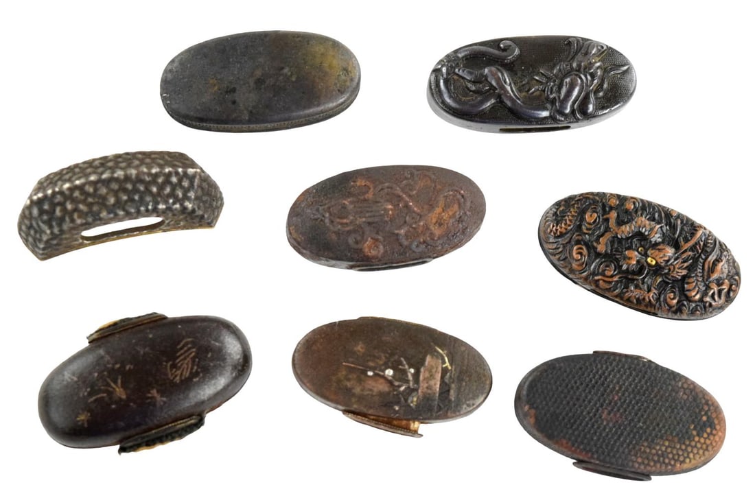 COLLECTION OF 8 ANTIQUE JAPANESE SWORD KASHIRA FITTINGS (1 of 3)