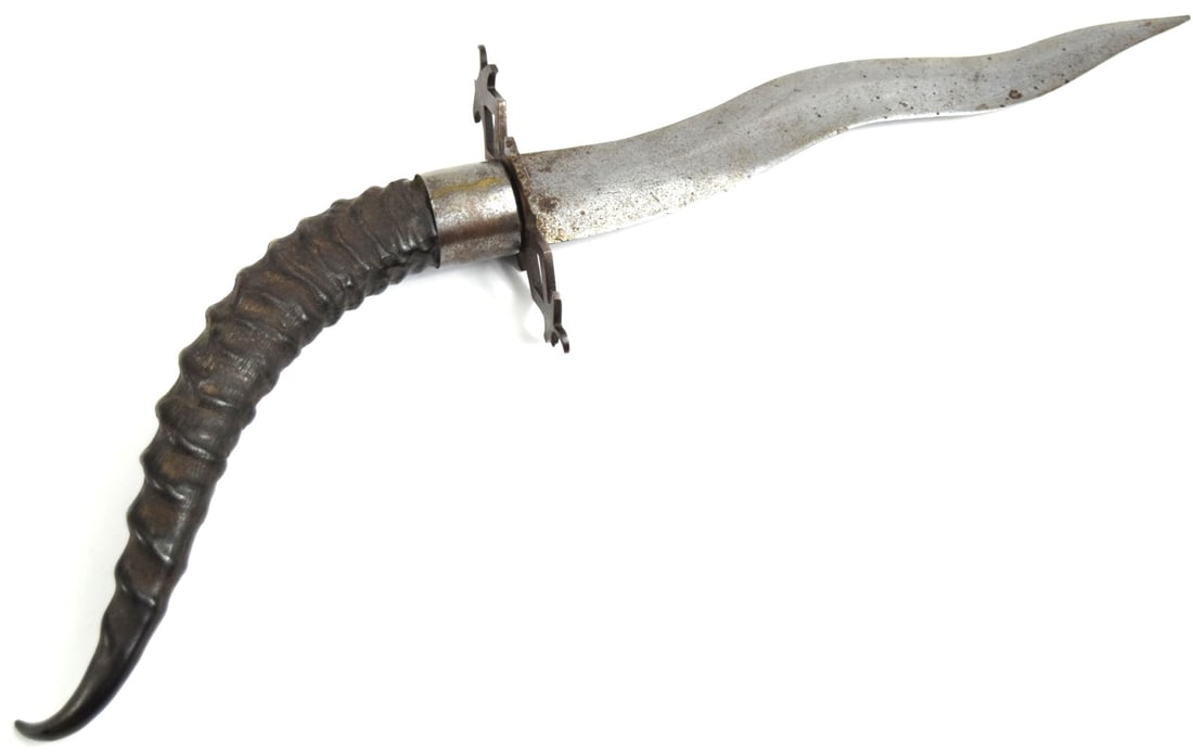 Large 19th C. Asian Philippine or Indonesian Fighting Dagger Short Sword with Strong Wavy Blade &: Large 19th C. Asian Philippine or Indonesian Fighting Dagger Short Sword with Strong Wavy Blade & Large Gazelle Horn Grip. Total length (inside scabbard if present) : 17 5/8", Blade length : 9 1/2". ~
