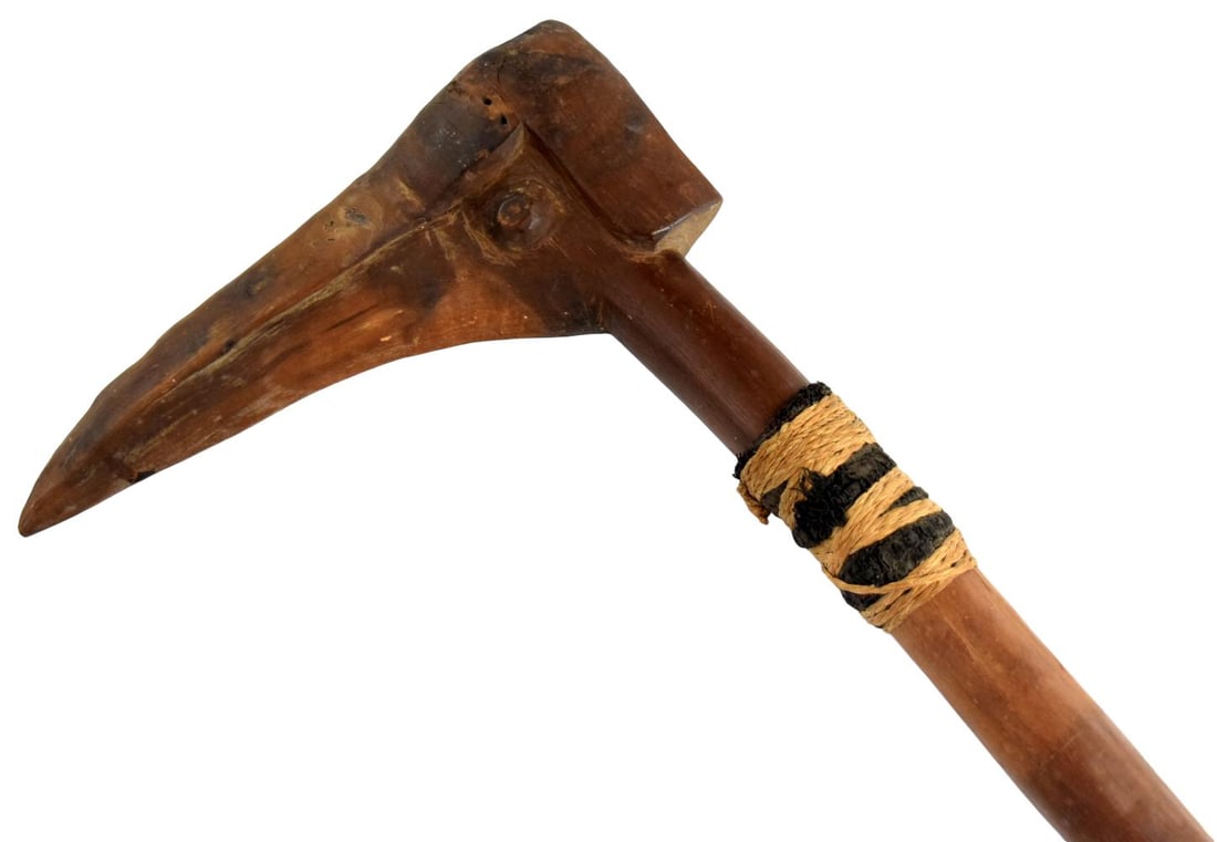 ANTIQUE 19TH C. NEW CALEDONIA KANAK BIRD BEAK MACE CLUB: Antique New Caledonian Kanak bird-beak mace or war club, 19th century. A distinctive traditional Oceanic weapon carved entirely of wood, featuring the characteristic massive head formed with a long, s