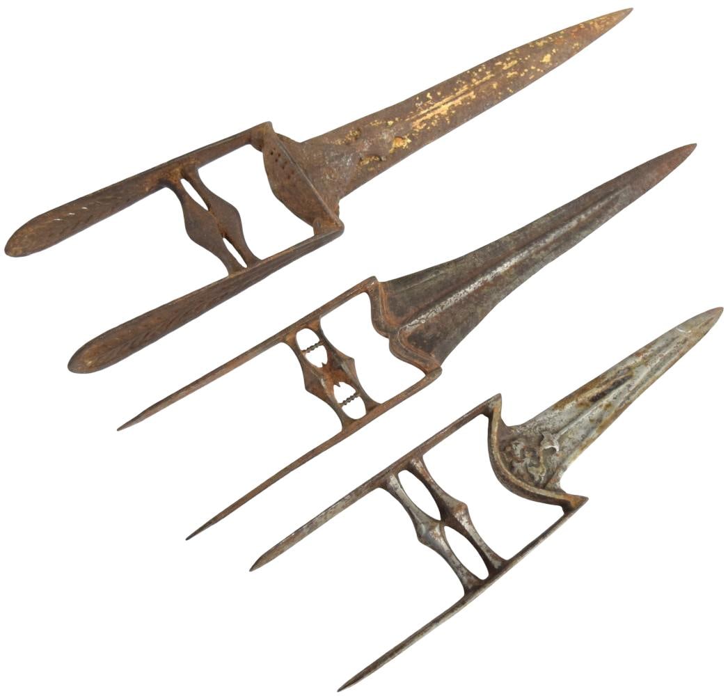 Lot of 3 Antique Indian Katars, 19th Century: Lot of three antique Indian katars, or push daggers, each of traditional form with broad triangular double-edged blade and characteristic parallel side bars joined by transverse grips. The three examp
