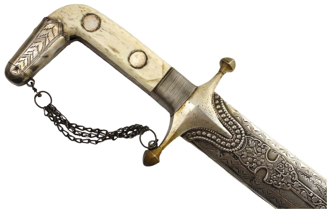 Good Antique Islamic Arabic Arab SAIF Sword in Engraved Silver Mounts, Original Tasseled Cord for: Good Antique Islamic Arabic Arab SAIF Sword in Engraved Silver Mounts, Original Tasseled Cord for Wear. Strong Fighting Blade. Total length (inside scabbard if present): 40 5/8", Blade length: 33 1/2"