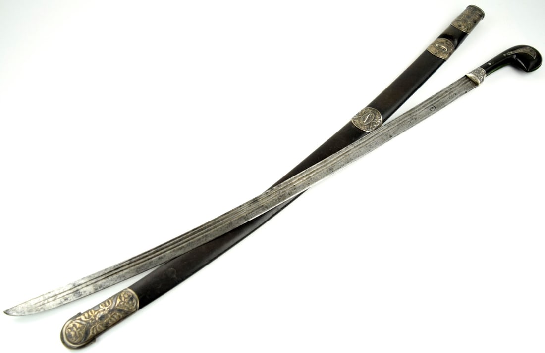 Rare Russian Caucasian Cossack SHASHKA Sword with Rare 17th C. Blade and Fine Niello Silver and Horn: Rare Russian Caucasian Cossack SHASHKA Sword with Rare 17th C. Blade and Fine Niello Silver and Horn Mounts. Blade with Early Maker Marks to Both Sides. Total length (inside scabbard if present) : 37 
