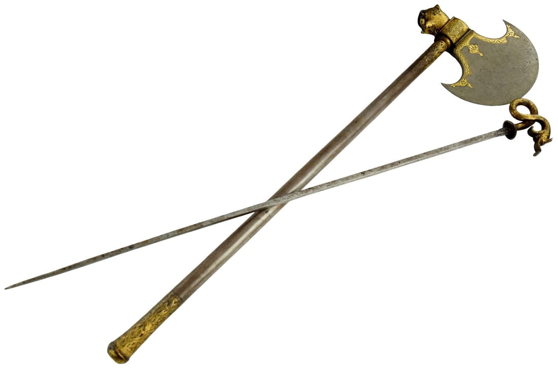 Fine 18th - 19th Century Mughal Indian Tabar Axe with Wootz Blade, Gold Koftgari & Concealed (1 of 20)