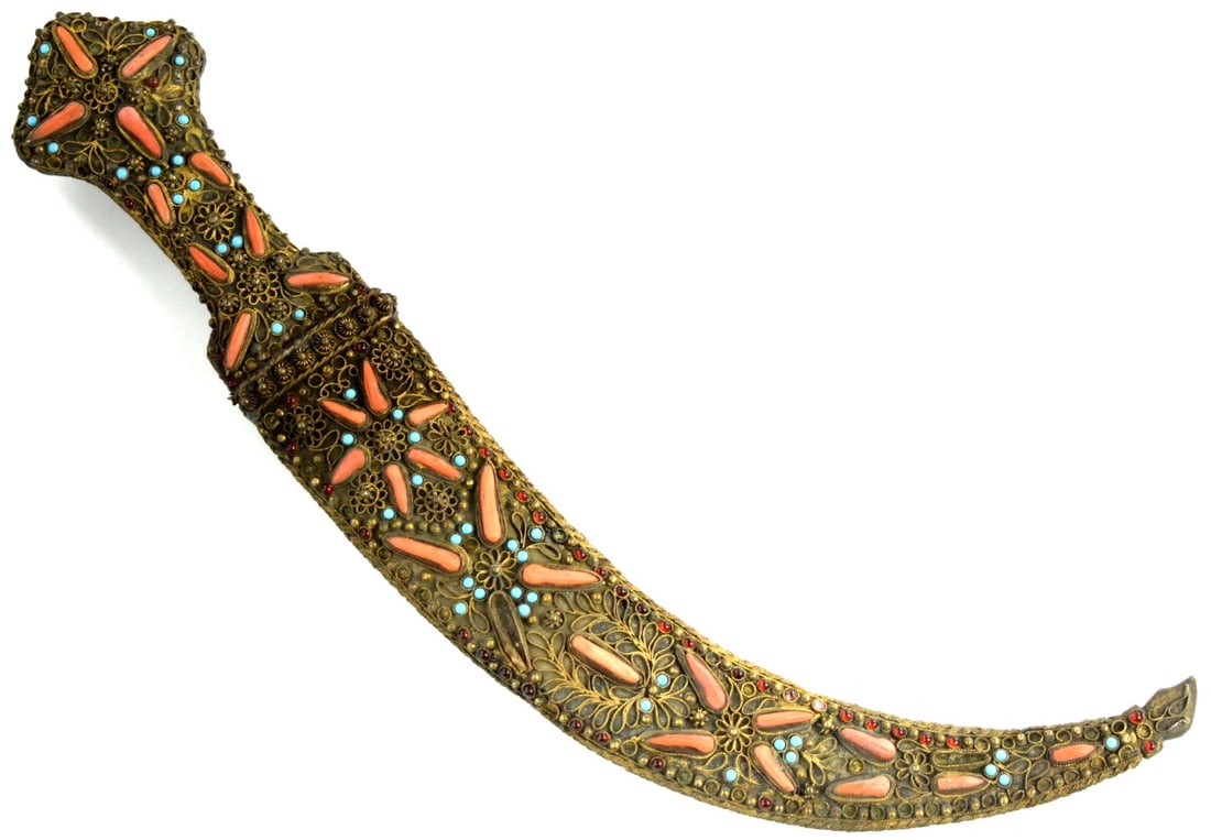 18th - 19th Century Ottoman Jeweled Khanjar (Curved Dagger) with Filigree-Mounted Scabbard: 18th - 19th Century Ottoman Jeweled Khanjar (Curved Dagger) with Filigree-Mounted Scabbard.Decorative Ottoman Islamic-style khanjar (curved dagger), likely 18th-19th century, featuring a strongly curv