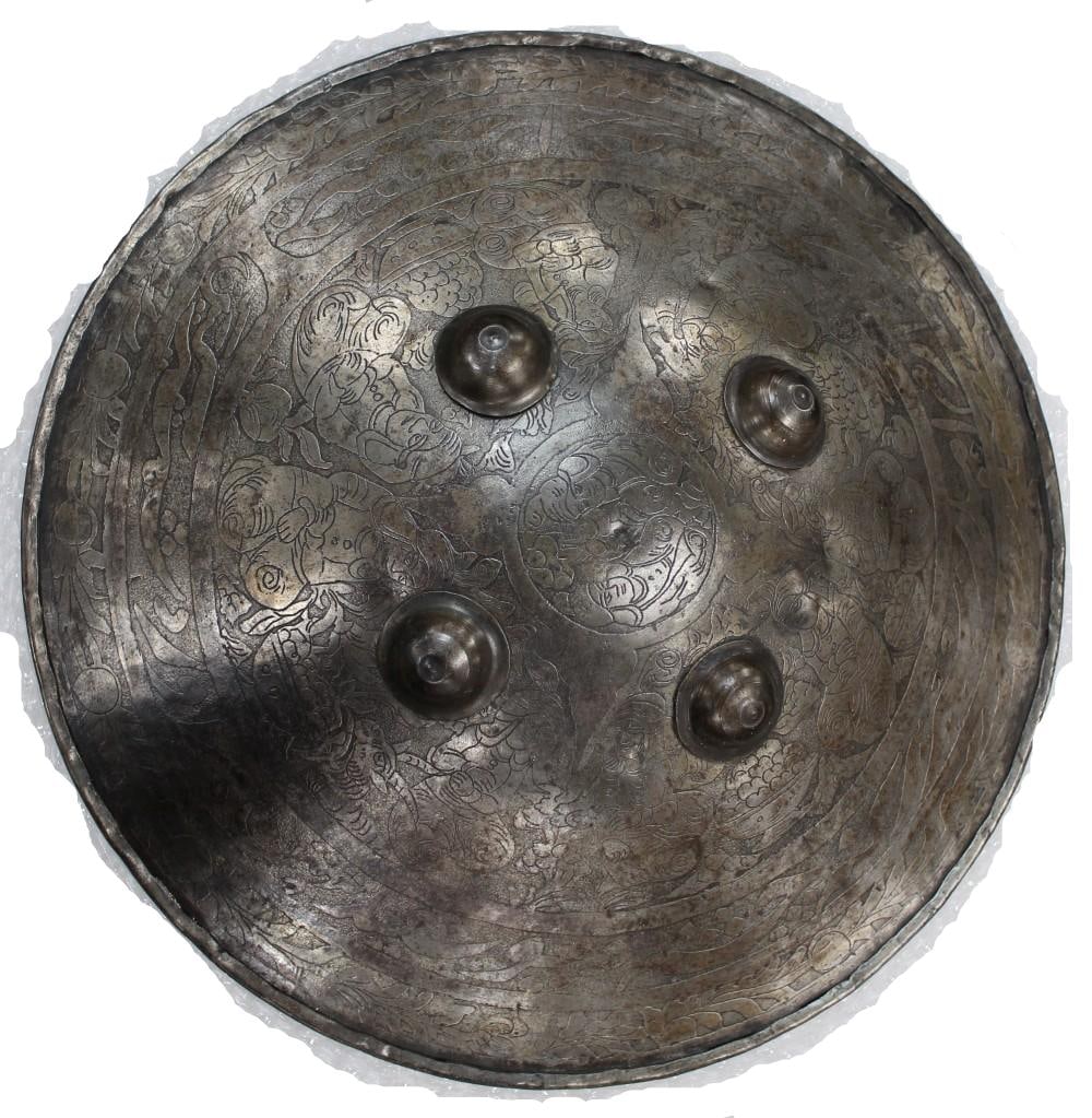 19th Century Indo-Persian Steel Dhal Shield with Figural Engraving: A finely decorated 19th century Indo-Persian steel dhal, of circular convex form with four prominent central bosses. The interior face is extensively engraved with dense figural and foliate decoration