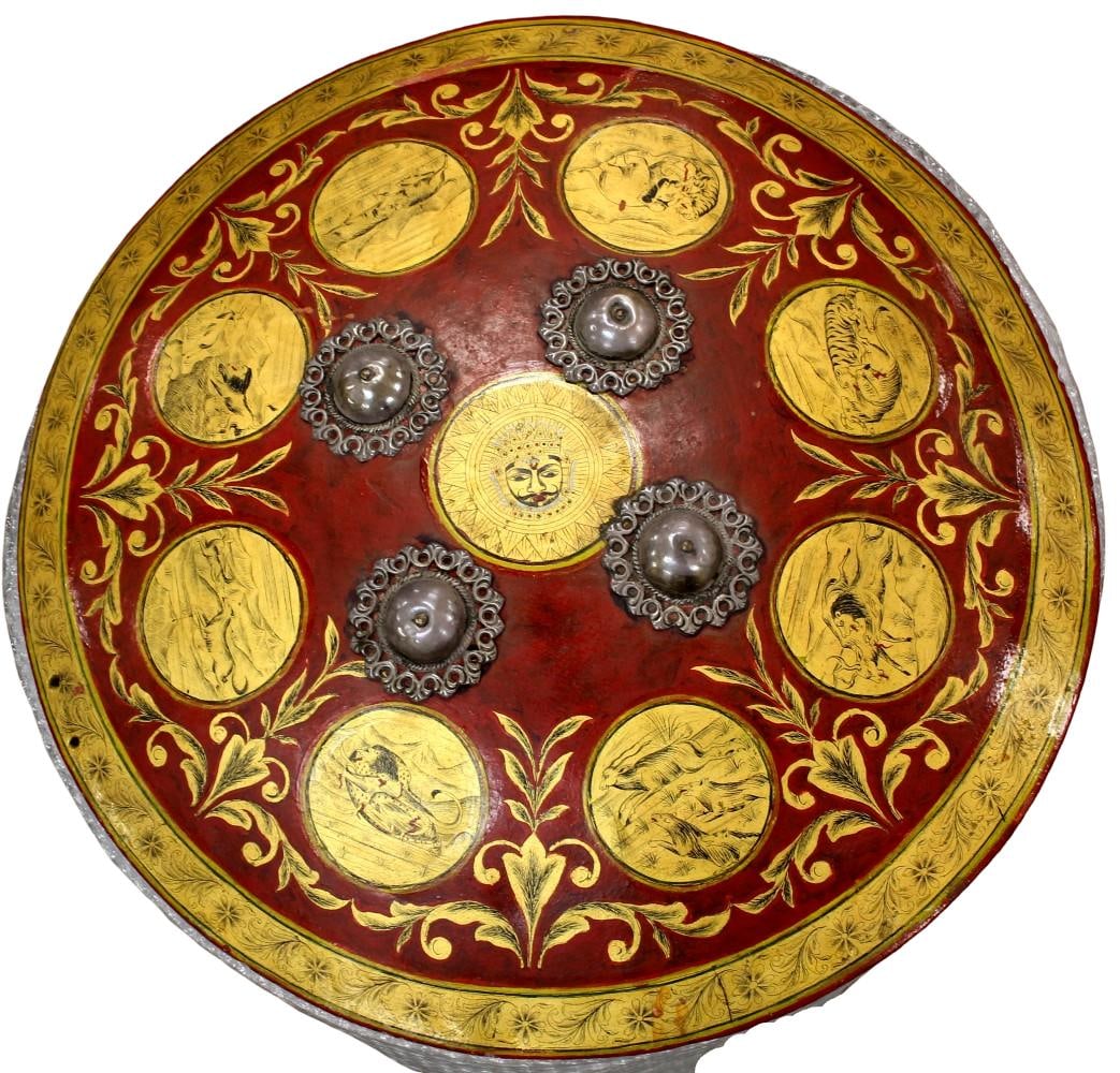 Spectacular Large Mughal Indian Painted Hide Dhal Shield with Royal Hunting & Courtly Procession (1 of 8)