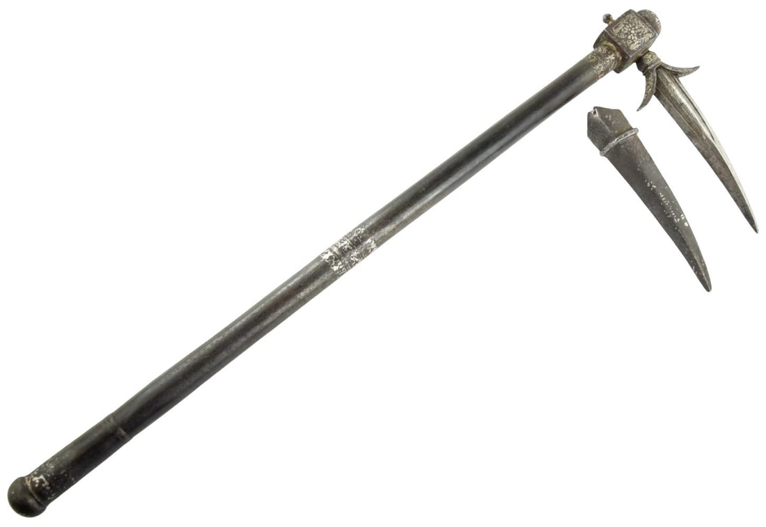 Antique Mughal Indian All-Steel Fighting Axe / War Hammer with Gilt Floral Decoration and Blade (1 of 20)
