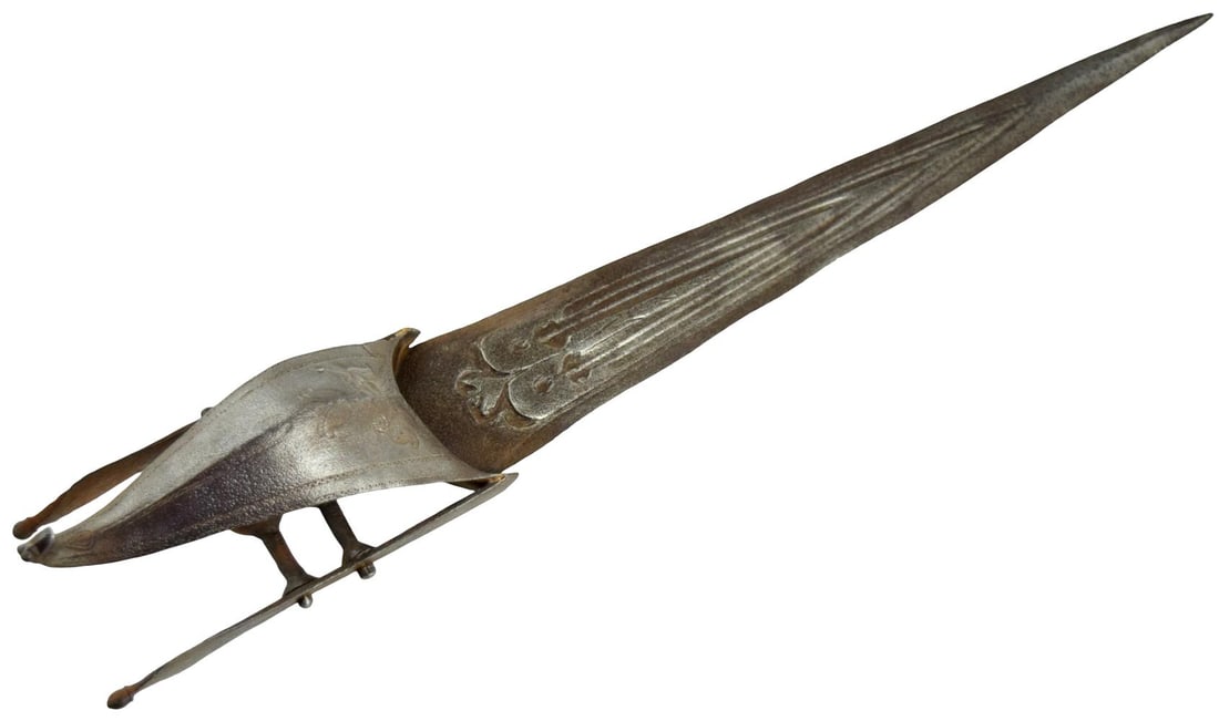 Interesting 18th Century Indian Hooded Katar Dagger with Complex Fullered Blade: An unusual antique Indian katar (jamadhar) push dagger, dating to the 18th century, distinguished by its elaborate protective hand guard and strongly architectural blade construction. The weapon is fi