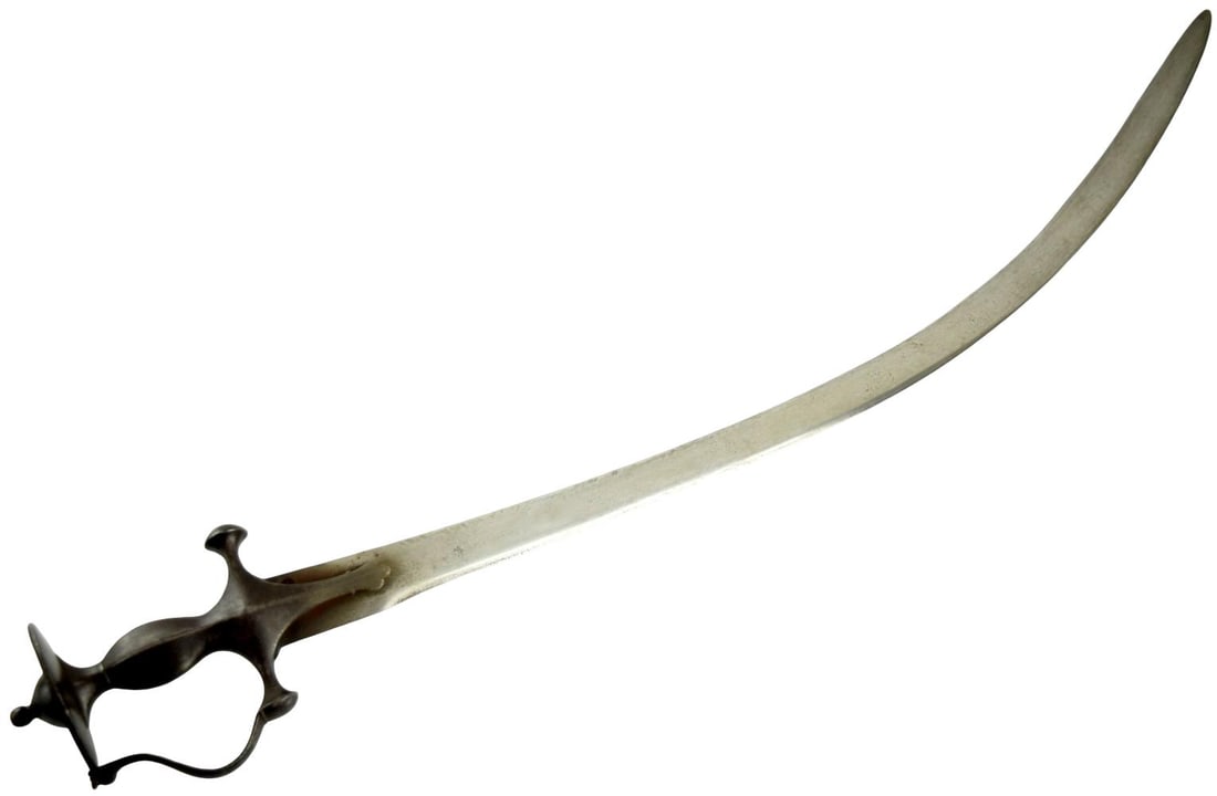 18thâ??19th Century Indo-Persian Tulwar with Shamshir-Form Damascus Blade and Stamped Mark: An attractive antique Indo-Persian tulwar, dating to the 18thâ??19th century, fitted with a strongly curved shamshir-form blade showing visible watered or Damascus-type patterning. The sword is mount