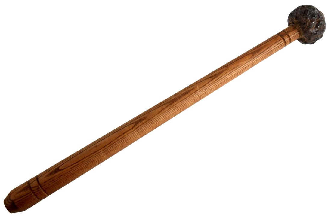 19th Century Indo-Persian Gada Mace with Heavy Iron Head and Turned Wooden Haft: An antique Indo-Persian gada, or fighting mace, dating to approximately the 18thâ??19th century. The weapon is constructed with a long, substantial hardwood haft of slightly tapering cylindrical form
