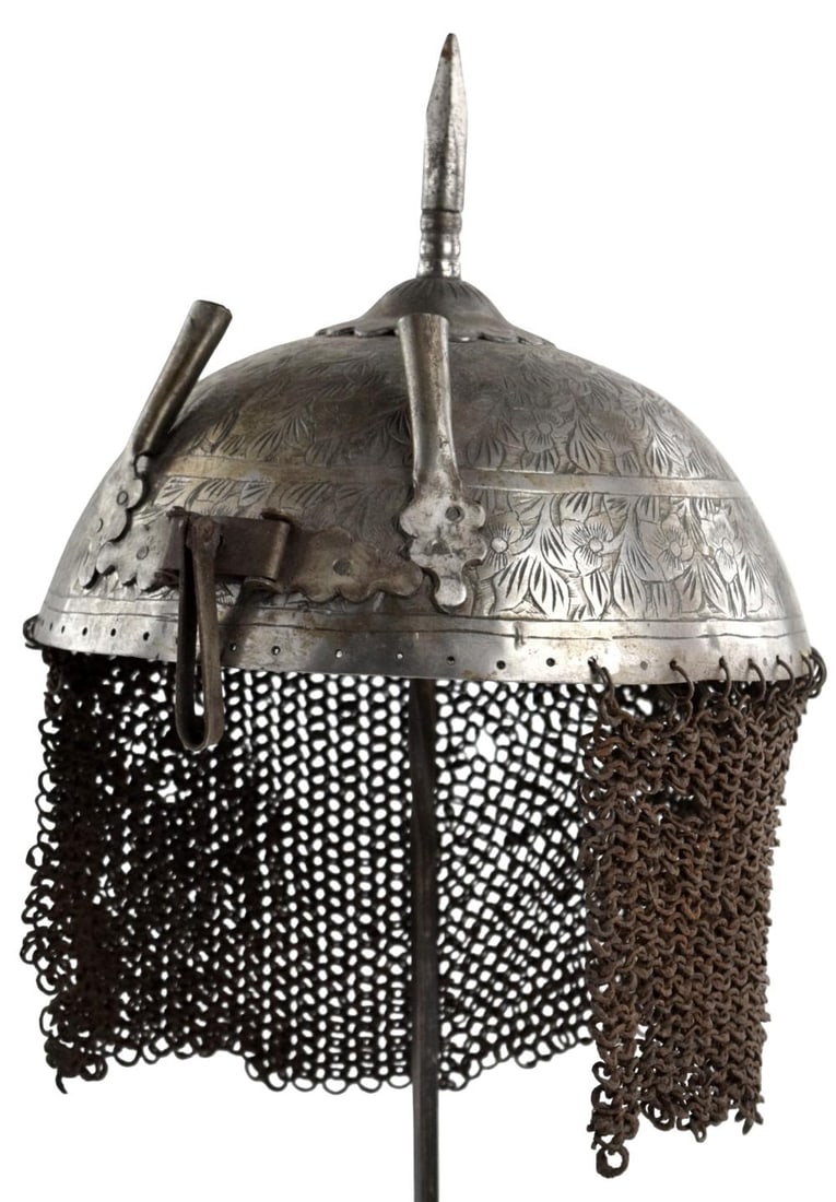 19th Century Indo-Persian Qajar Khula-Khud Helmet with Engraved Floral Decoration, Spike and Chain: A handsome 19th century Indo-Persian khula-khud helmet, of the type associated with Persia and northern India during the Qajar period. The hemispherical steel skull is extensively decorated with finel