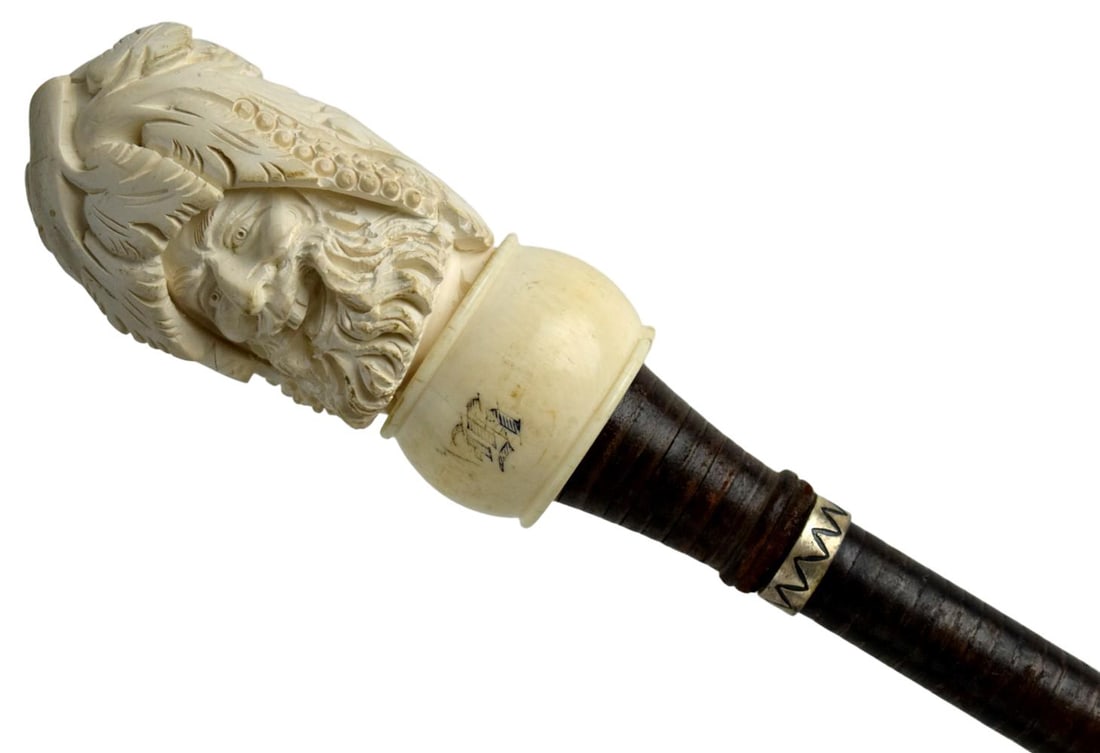 Antique Carved Face Stacked Leather Walking Stick (1 of 12)