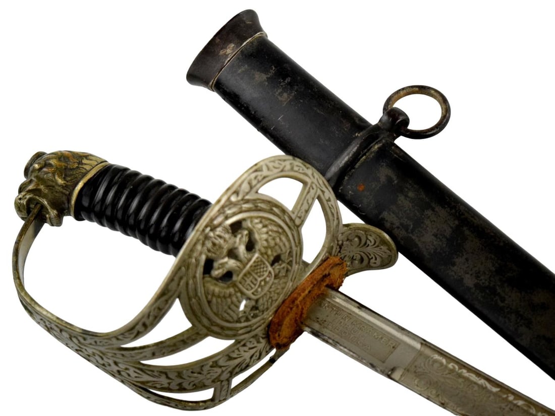 Rare Serbian Royal Officerâ??s Sword, German Solingen Blade, Anton Kramer Subotica, c.: Fine early 20th century Serbian officerâ??s dress sword, dating to the late Kingdom of Serbia / First World War period. The sword is mounted with an elaborate pierced and engraved metal guard incorpo