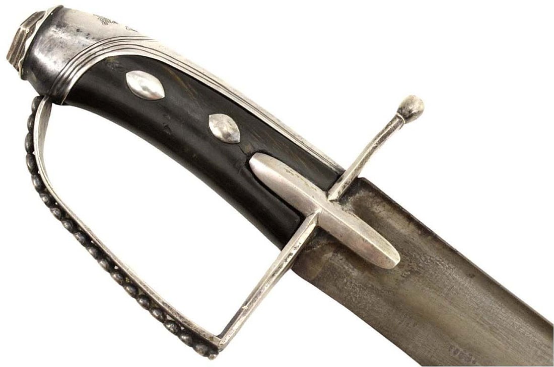Rare Fine 18th C. Austrian Hungarian High Rank Officer's Sword with Beautiful Engraved Crest to its: Rare Fine 18th C. Austrian Hungarian High Rank Officer's Sword with Beautiful Engraved Crest to its Solid Silver Mounts, Bull Horn Grip & Broad Wootz Damascus Blade of Turkish Pala Kilij Style. D-guar