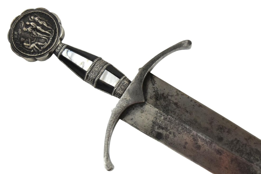 Fine Composite North Italian Renaissance Sword, 16th Century Blade, Elaborate Silver &: Fine and unusual composite European sword incorporating an apparently early broad double-edged blade, likely North Italian and dating to the 16th century. The substantial double-edged blade is strongl