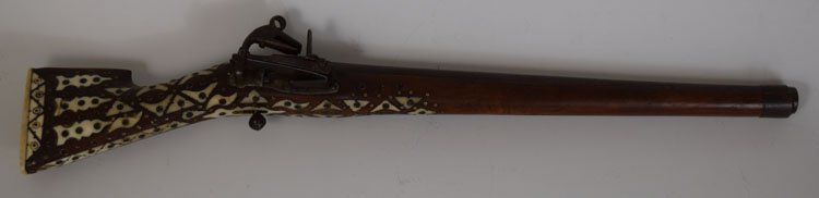 Turkish Middle-eastern 19th Century Flintlock Pistol: Turkish Middle-eastern 19th Century Flintlock Pistol. 19 3/4" long. Nicely Decorated.