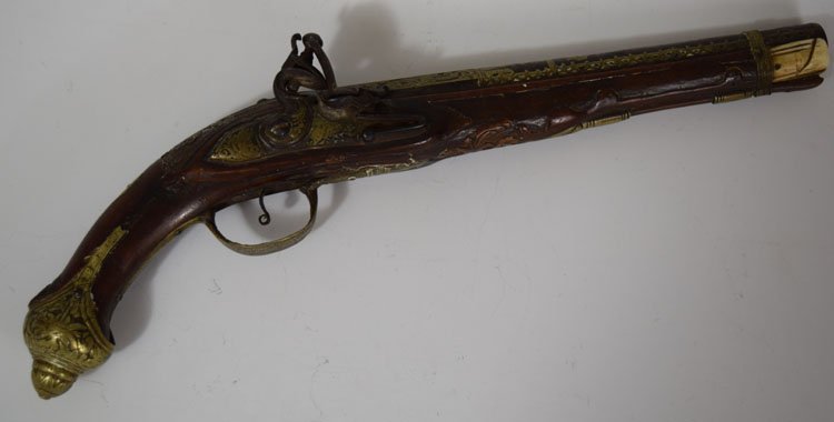 19th Century Middle-Eastern Flintlock Pistol: 19th Century Middle-Eastern Flintlock Pistol. Golden inlaying. 15.5" long.