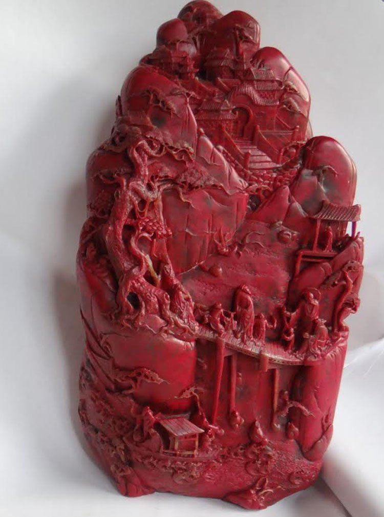 Chinese scholar soapstone bolder carving with village: Superb detailed heavy antique Chinese scholar soapstone bolder carving with village scenes. bolder carved from both side with quality details. Carving is 12,5" height and 6,5" wide. Total weight is 13