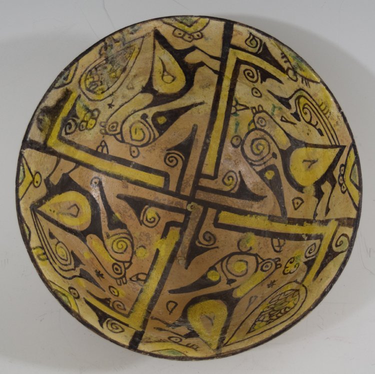 12th Century Persian Islamic Nishapur Ceramic Bowl: 12th Century Persian Islamic Nishapur Ceramic Bowl. Finely hand-panted with birds and swastika of luck. Diameter - 7 3/4". High - 3". Provenance: Ex-collection of H. Medill Sarkisian (1909-1993), Denv