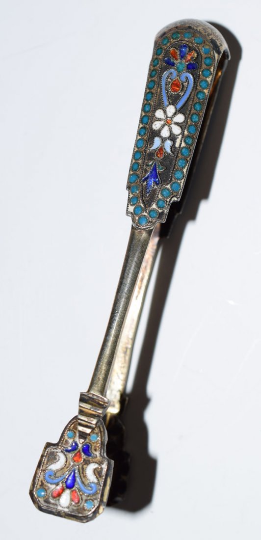 Russian Imperial Sterling Silver and Enamel Tongs: Russian Imperial Sterling Silver and Enamel Tongs. Circa 19th Century. Hallmarked , 84 stamp. 4" long