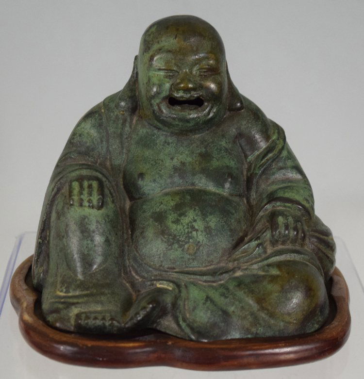 Chinese Bronze Happy Buddha with original wood stand (1 of 4)
