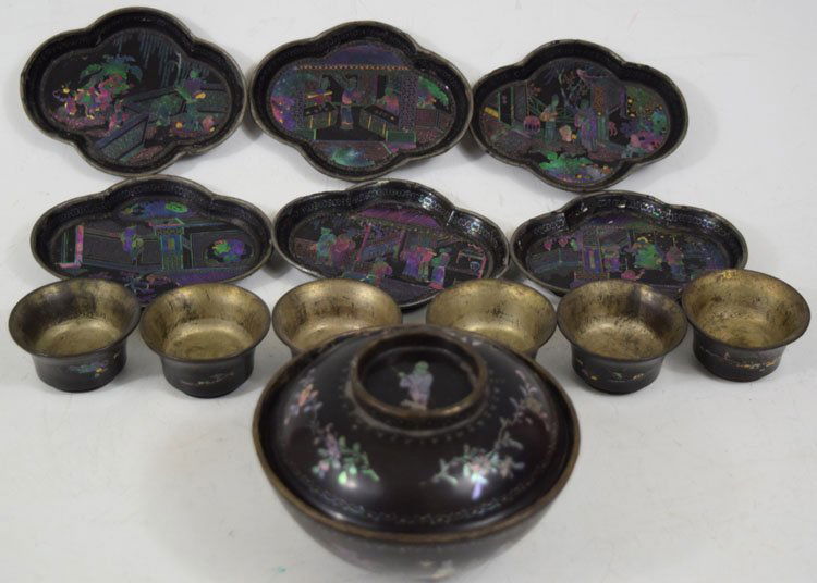Chinese Mother of Pearl Inlaid Lacquer with Silver (1 of 4)