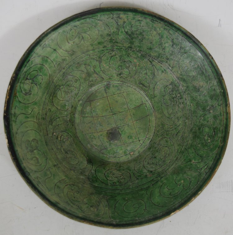 12th century Persian Islamic Nishapur Ceramic Green: 12th century Persian Islamic Nishapur Ceramic Green Bowl. Finely hand painting. Diameter - 7.75". 2.5" high. Provenance: Ex-collection of H. Medill Sarkisian (1909-1993), Denver, Colorado, then passed