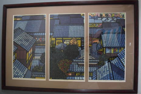 Brian Williams "Nishijin Roofs" woodblock print: Brian Williams "Nishijin Roofs" woodblock print. Depicting Nishijin area of Kyoto in three separate prints. Brian takes ordinary objects and gives them bold, arbitrary colors so that they have unexpec