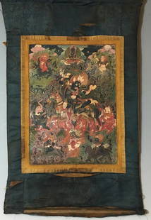 Fine 18th Century Chinese Tibetan Thangka.: Fine 18th Century Chinese Tibetan Thangka. Excellent details. Dimensions: 33" H x 22.5" L. Dimension of painting portion is 19" x 14".