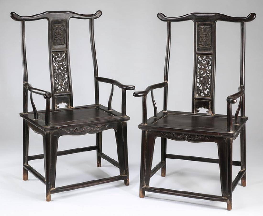 (2) Chinese carved 'official's hat' armchairs (1 of 9)