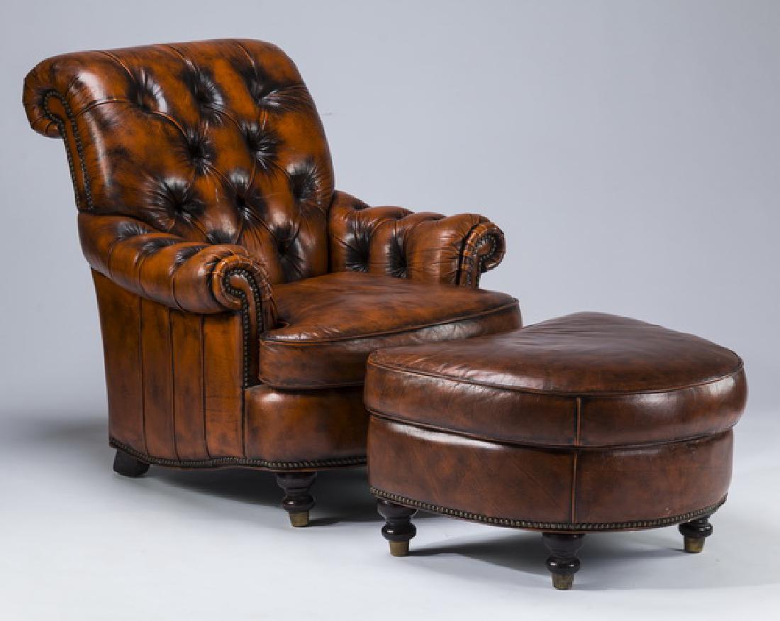 Distressed leather armchair and ottoman (1 of 2)