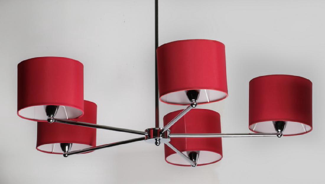 Contemporary chrome chandelier w/ red fabric shades (1 of 2)