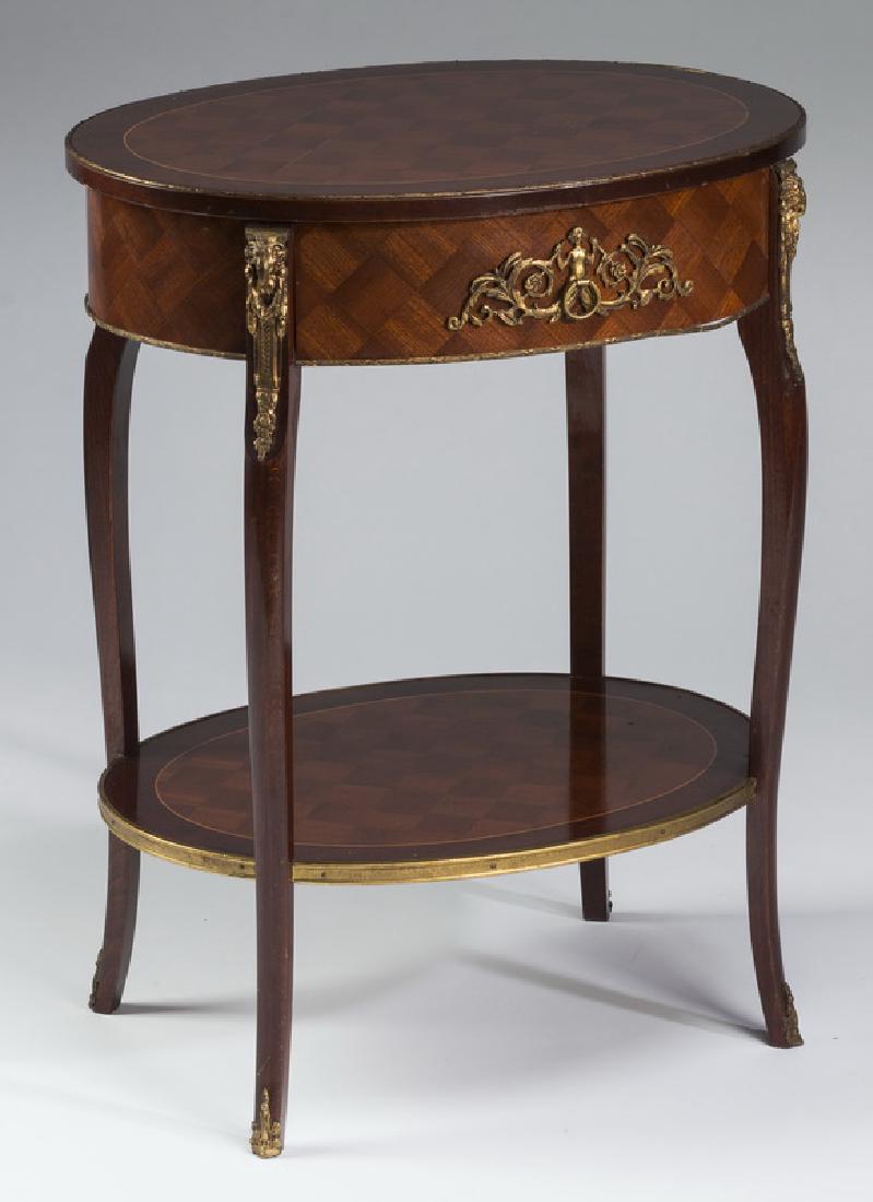 Early 20th c. parquetry inlaid two-tiered side table (1 of 3)